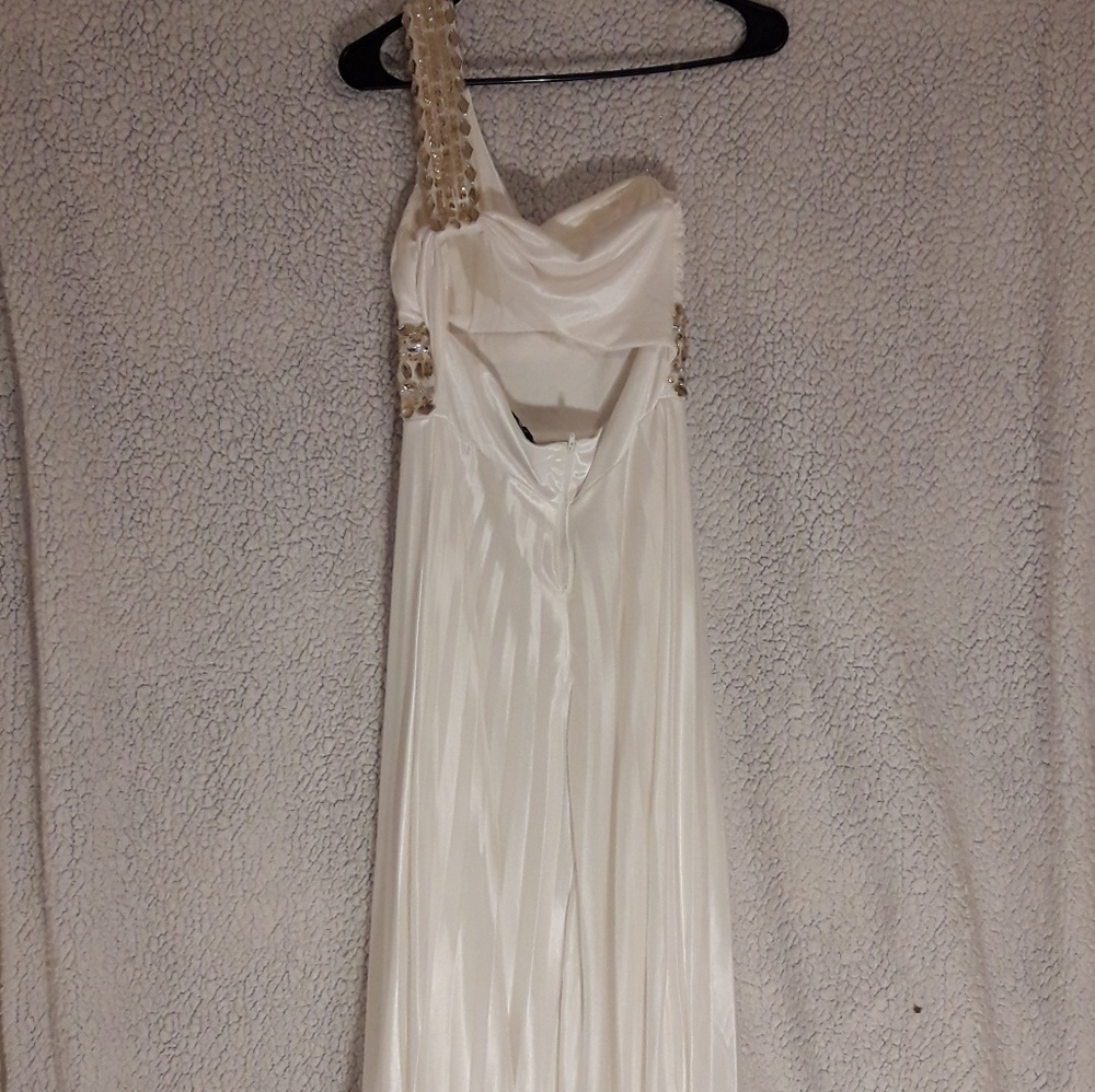 One-Shoulder White Gown With Gold Beading - Picture 2 of 8